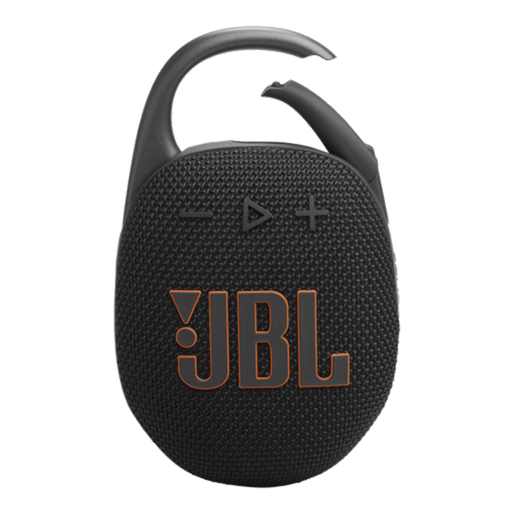 JBL Clip 5 Portable Bluetooth Speaker in Black, front view with integrated carabiner