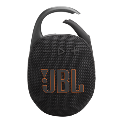 JBL Clip 5 Portable Bluetooth Speaker in Black, front view with integrated carabiner