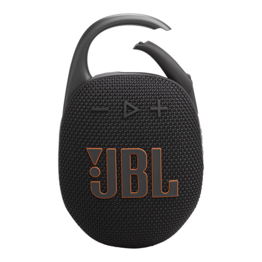 JBL Clip 5 Portable Bluetooth Speaker in Black, front view with integrated carabiner