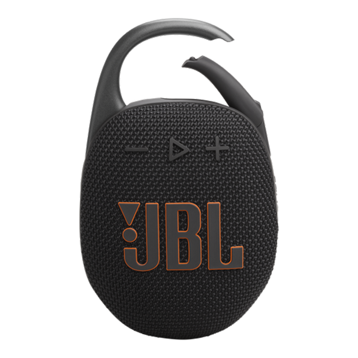 JBL Clip 5 Portable Bluetooth Speaker in Black, front view with integrated carabiner