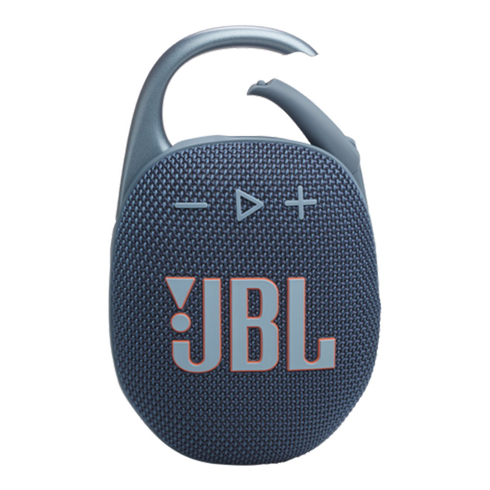 JBL Clip 5 Portable Bluetooth Speaker in Blue, front view with integrated carabiner