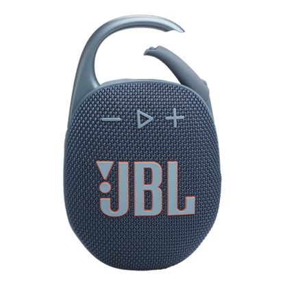 JBL Clip 5 Portable Bluetooth Speaker in Blue, front view with integrated carabiner