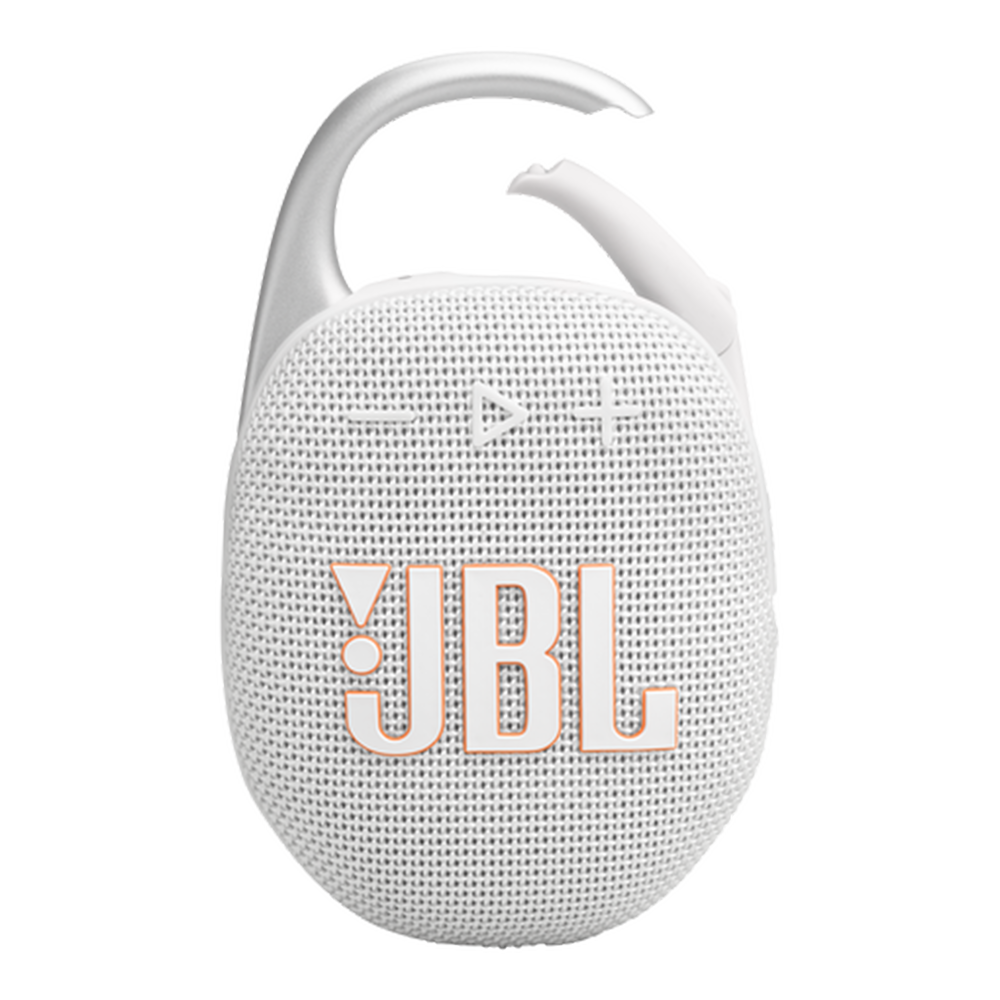 JBL Clip 5 Portable Bluetooth Speaker in White, front view with integrated carabiner