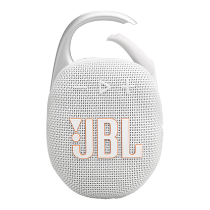 JBL Clip 5 Portable Bluetooth Speaker in White, front view with integrated carabiner