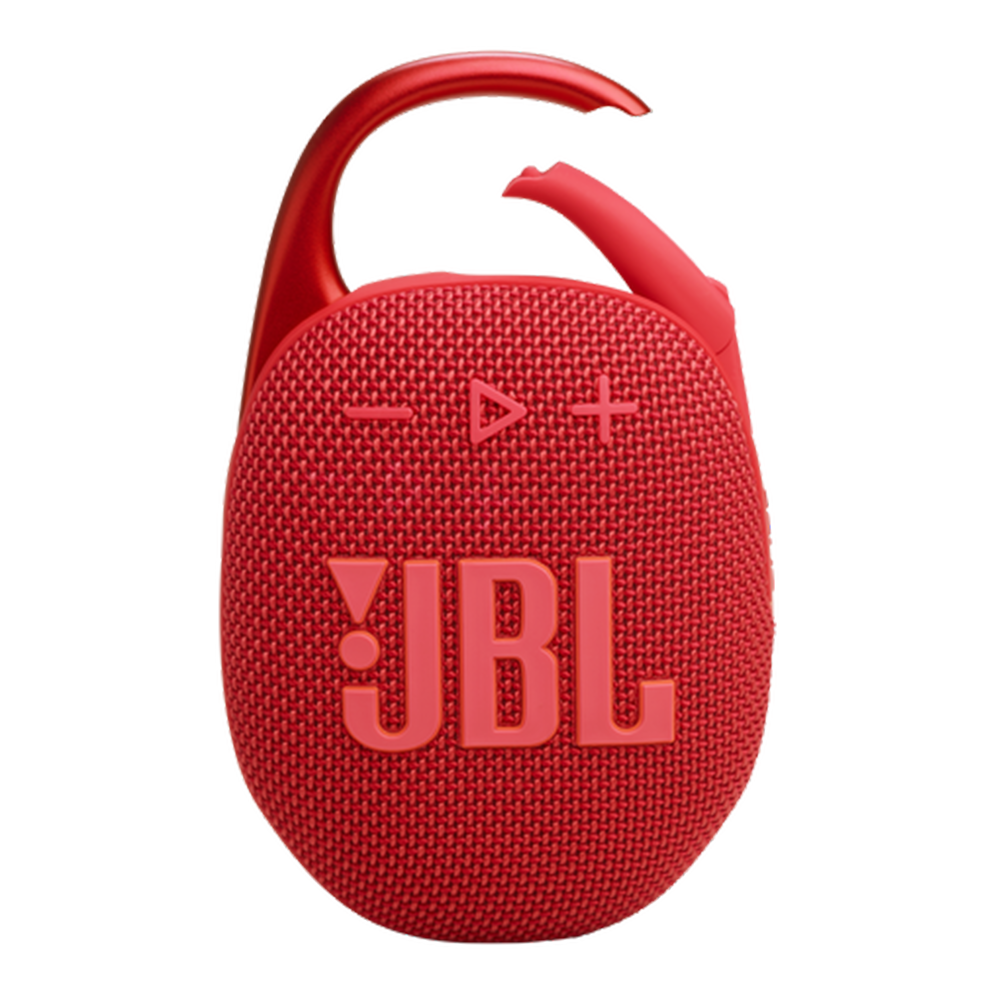 JBL Clip 5 Portable Bluetooth Speaker in Red, front view with integrated carabiner