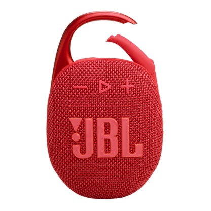 JBL Clip 5 Portable Bluetooth Speaker in Red, front view with integrated carabiner