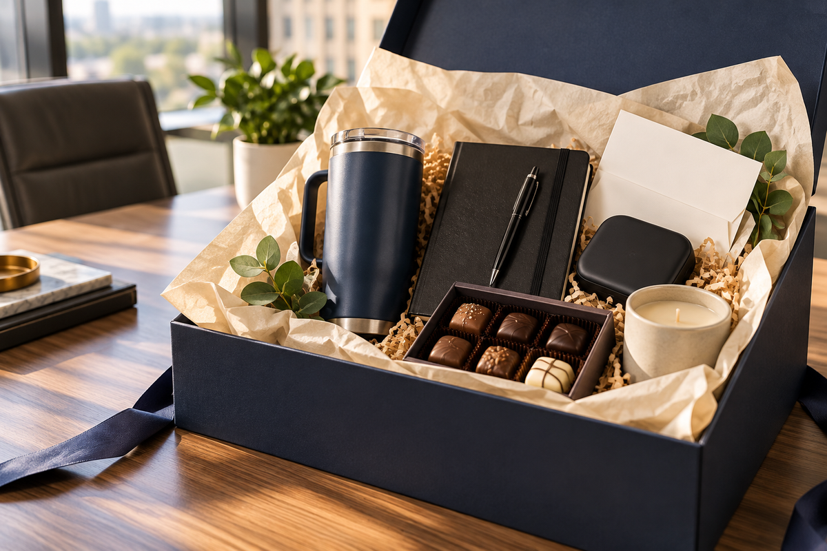 Premium client appreciation gift box with drinkware, a notebook, tech accessory, chocolates, and a candle.