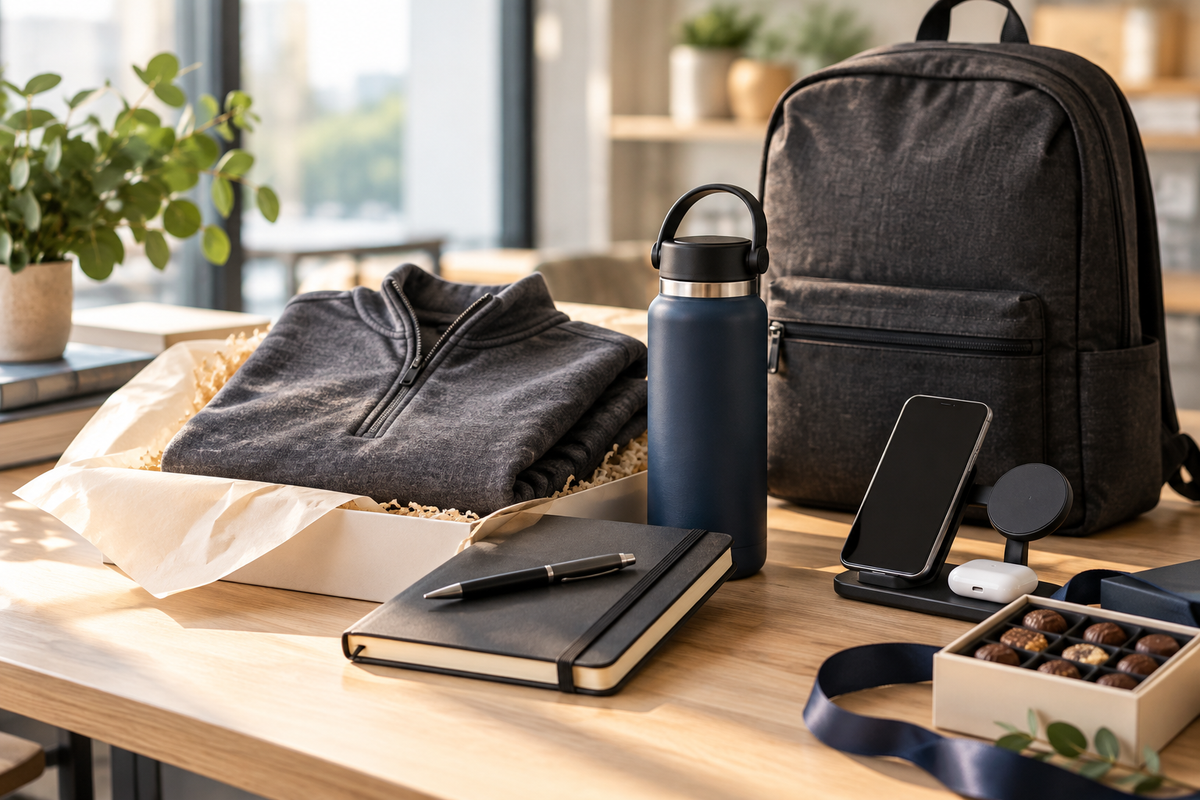 Curated corporate employee gifts including a backpack, insulated bottle, apparel, notebook, wireless charger, and chocolates.