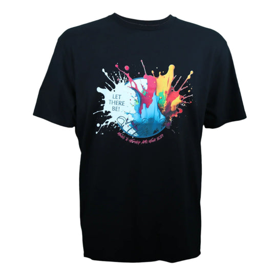 Black t-shirt with colorful splatter design and text on a white background