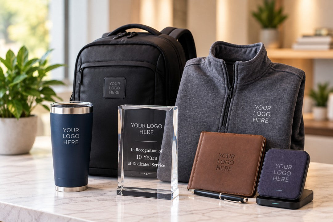 Employee anniversary and milestone gifts including recognition award, drinkware, backpack, fleece, leather accessory, and portable speaker.