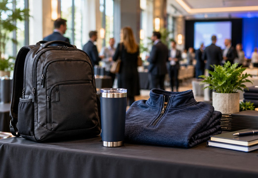 Sales kickoff merchandise display with backpack, tumbler, fleece, notebooks, and business event attendees