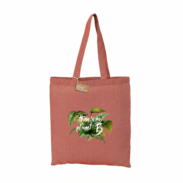 A heather red cotton canvas tote bag with a printed phrase 'There's no planet B' and a green leaf pattern on the front.