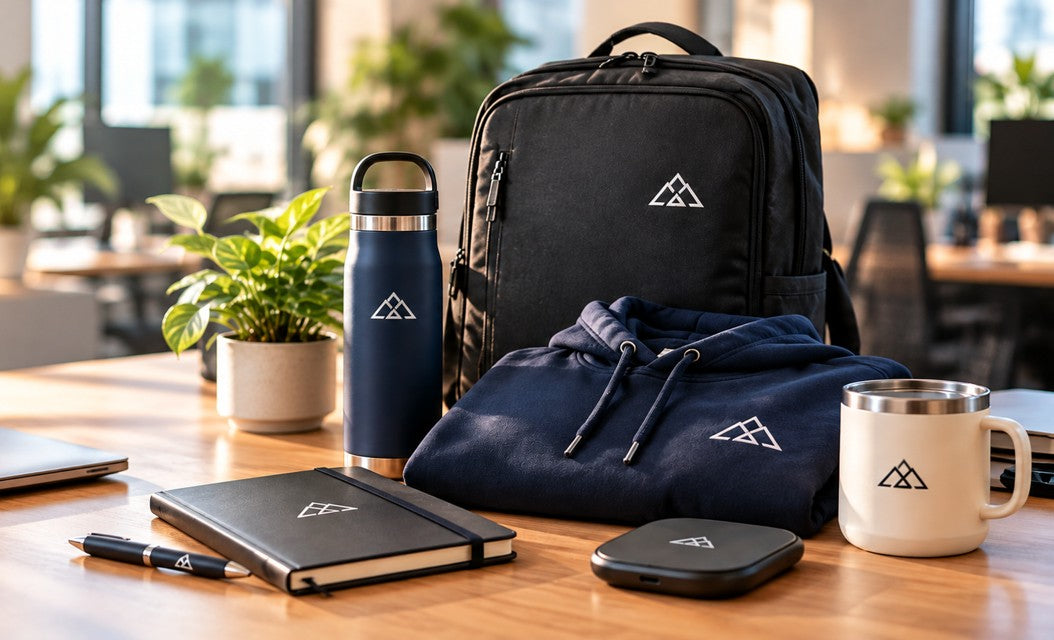 Branded new hire welcome gifts including a backpack, drinkware, apparel, notebook, and wireless charger
