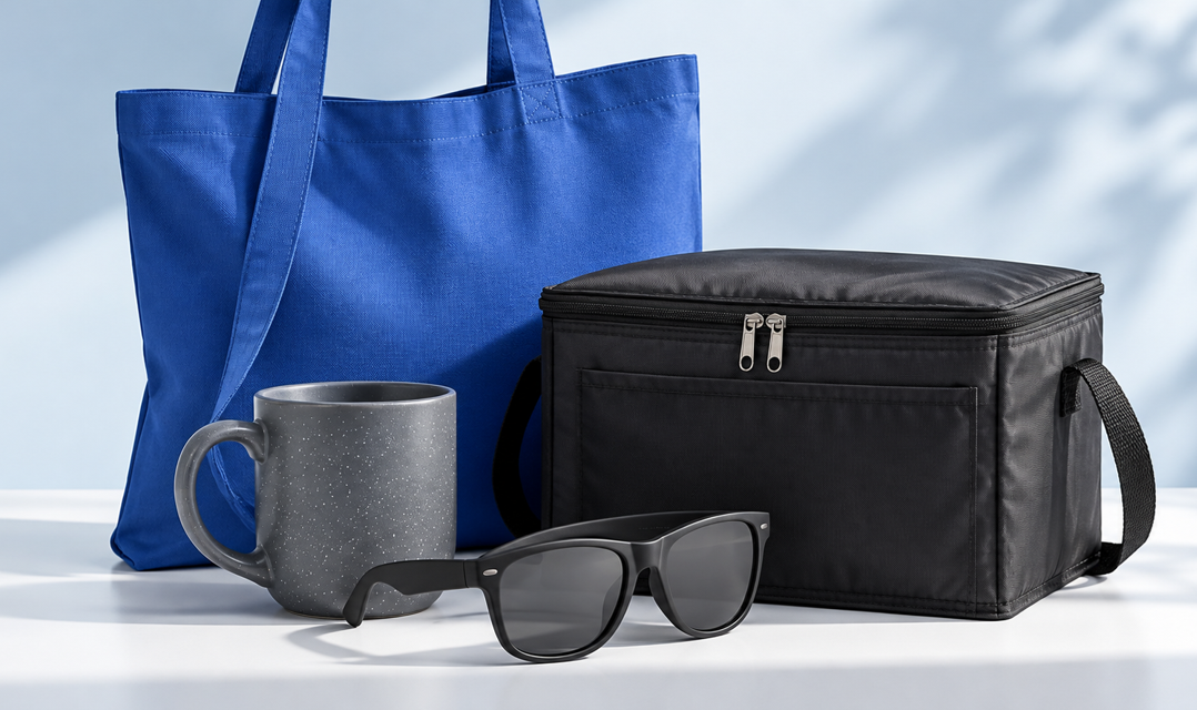 Blue cotton tote, gray speckled mug, black lunch cooler and sunglasses arranged on a tabletop.