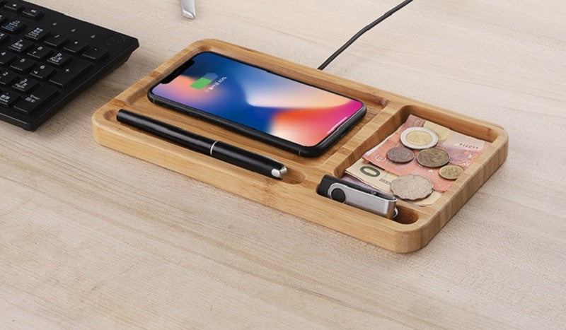 Sage Bamboo Desk Tray with Wireless Charging